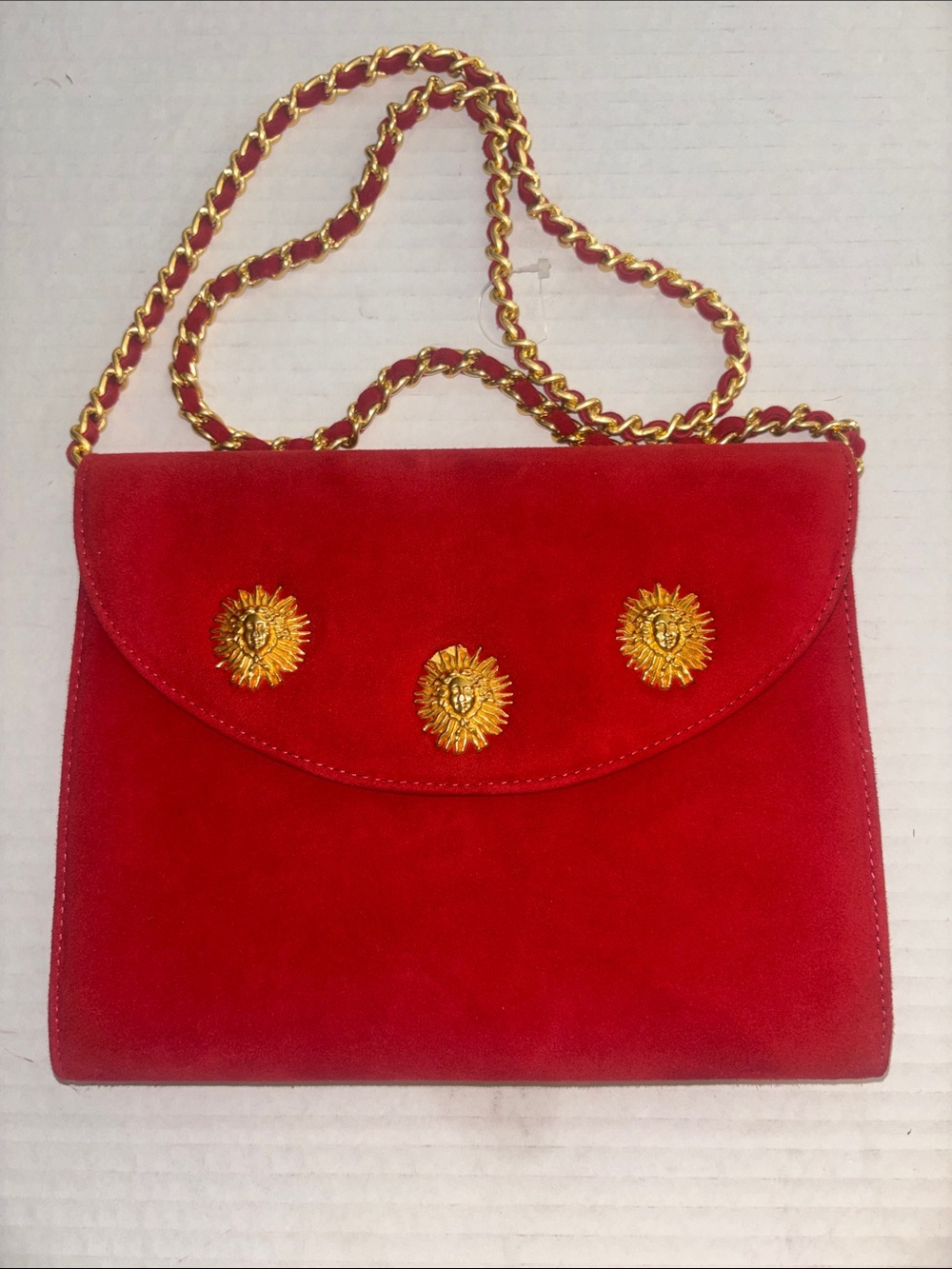 LAURENT MERCADAL PARIS RED SUEDE WITH THREE GOLD MEDALLION DESIGN CHAIN VINTAGE*